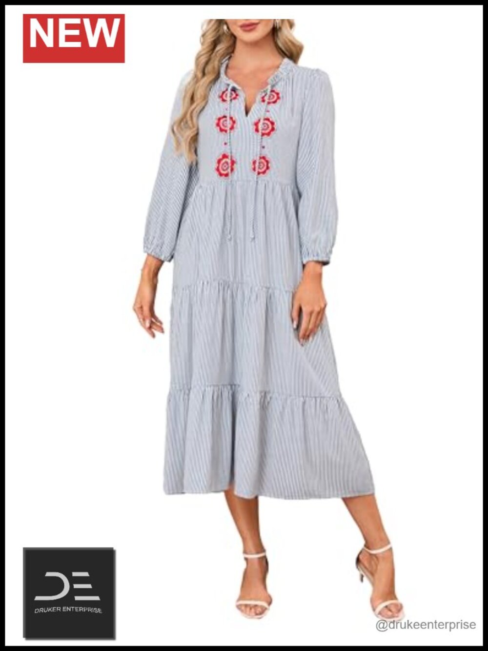 Embroidered Cotton Tiered Maxi Dress Pockets Tie Neck Boho Vacation